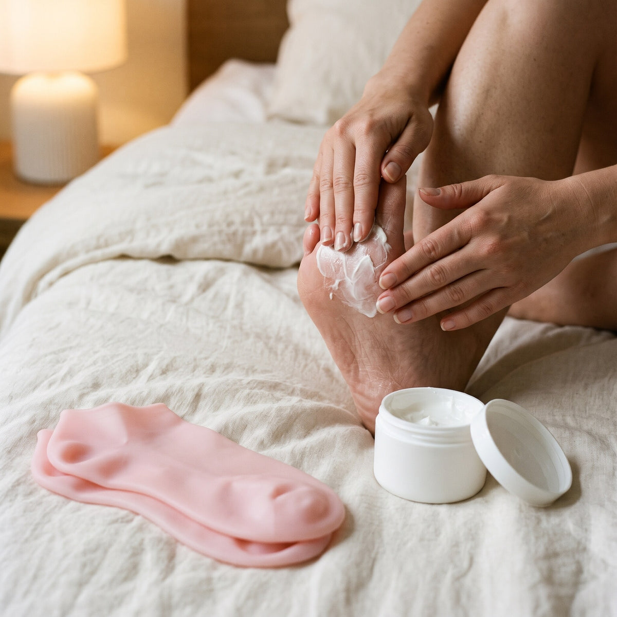 Application de la crème sur le talon avant d'enfiler les chaussettes en silicone