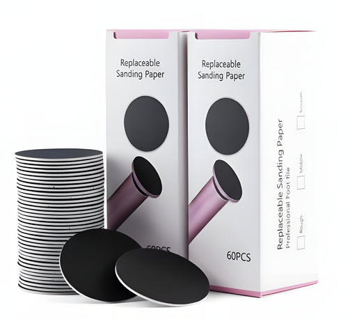 Deux boîtes de 60 disques de rechange 43 mm pour lime électrique pieds, et une pile de disques abrasifs
