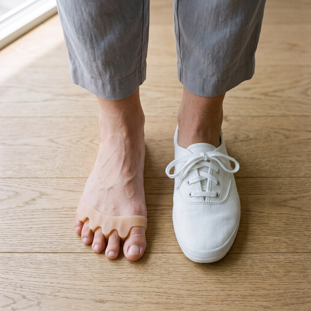 Écarteur d'orteils sur un pied nu, à côté d'un pied en basket