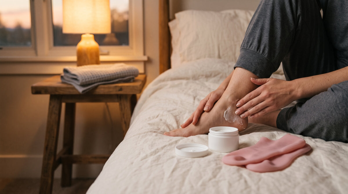 Application de la crème sur le talon le soir, chaussettes en silicone prêtes à être enfilées