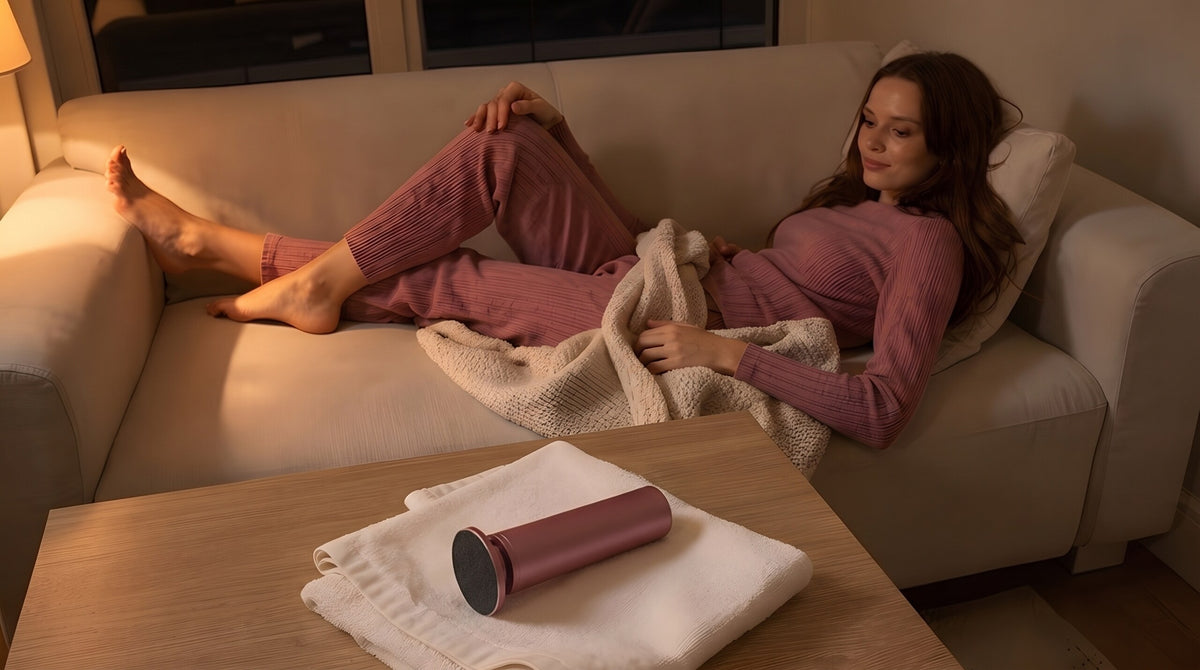 Une femme détendue sur son canapé le soir, Velours Nomade posé sur une serviette sur la table basse