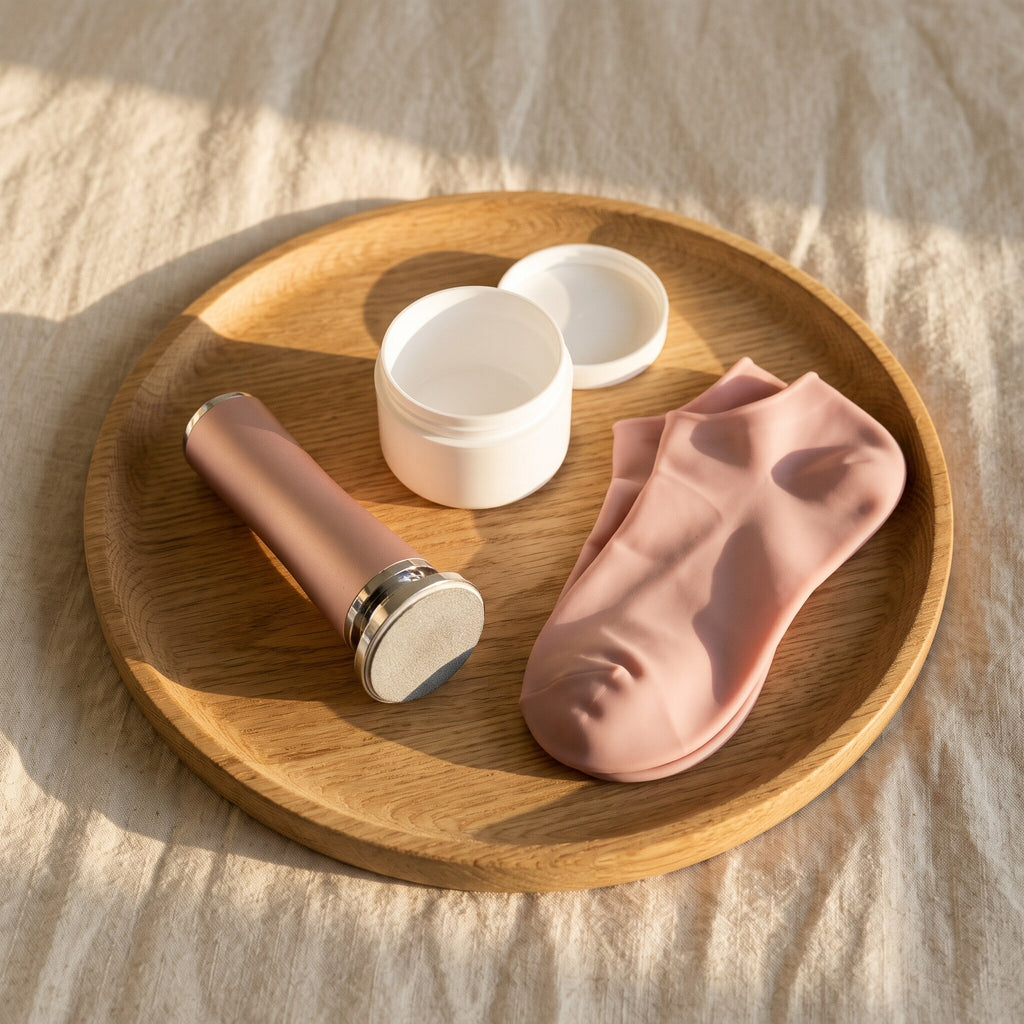 Routine soin des pieds : râpe électrique Velours, crème et chaussettes en silicone