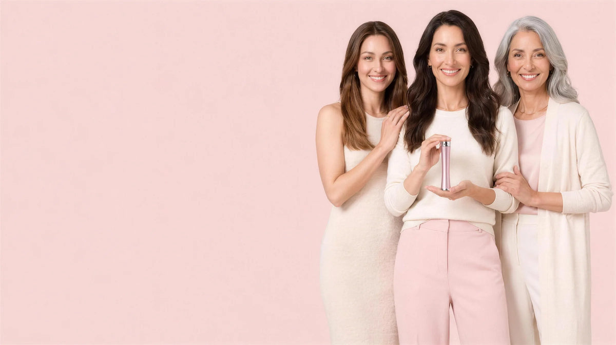 Trois femmes de trois générations sourient, celle du milieu tient la lime électrique Velours (illustration)